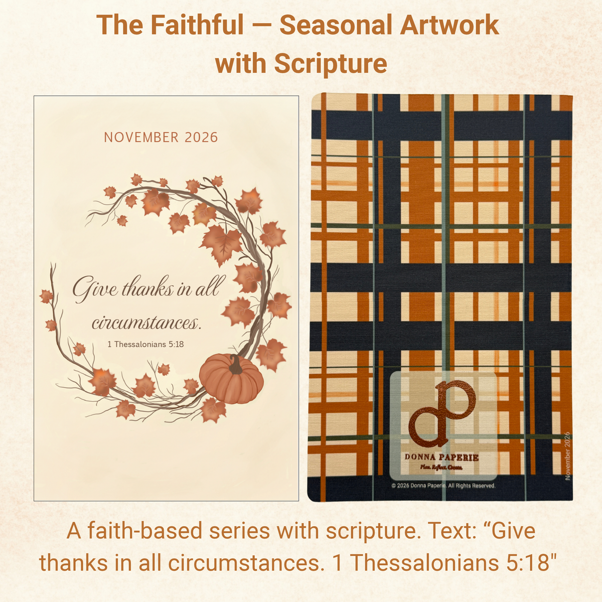 The Faithful November cover with fall leaf wreath, pumpkin, and Give thanks in all circumstances, 1 Thessalonians 5:18