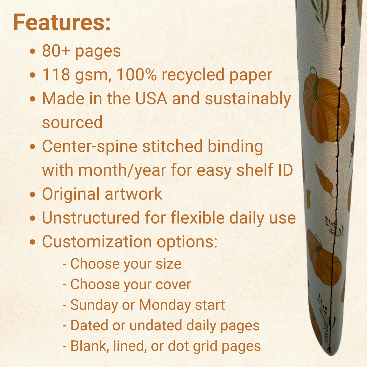 Features of The Chapter planner: 80+ pages, 118 gsm recycled paper, center-stitched binding, and customization options