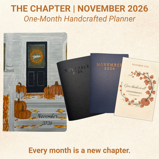 The Chapter November 2026 one-month planner in four covers: autumn porch, black, navy and copper, and fall scripture wreath