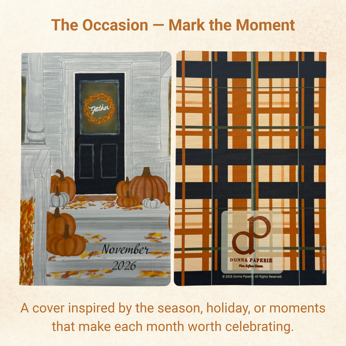 The Occasion November cover, a painted autumn porch with pumpkins and Gather wreath, with an orange and navy plaid back
