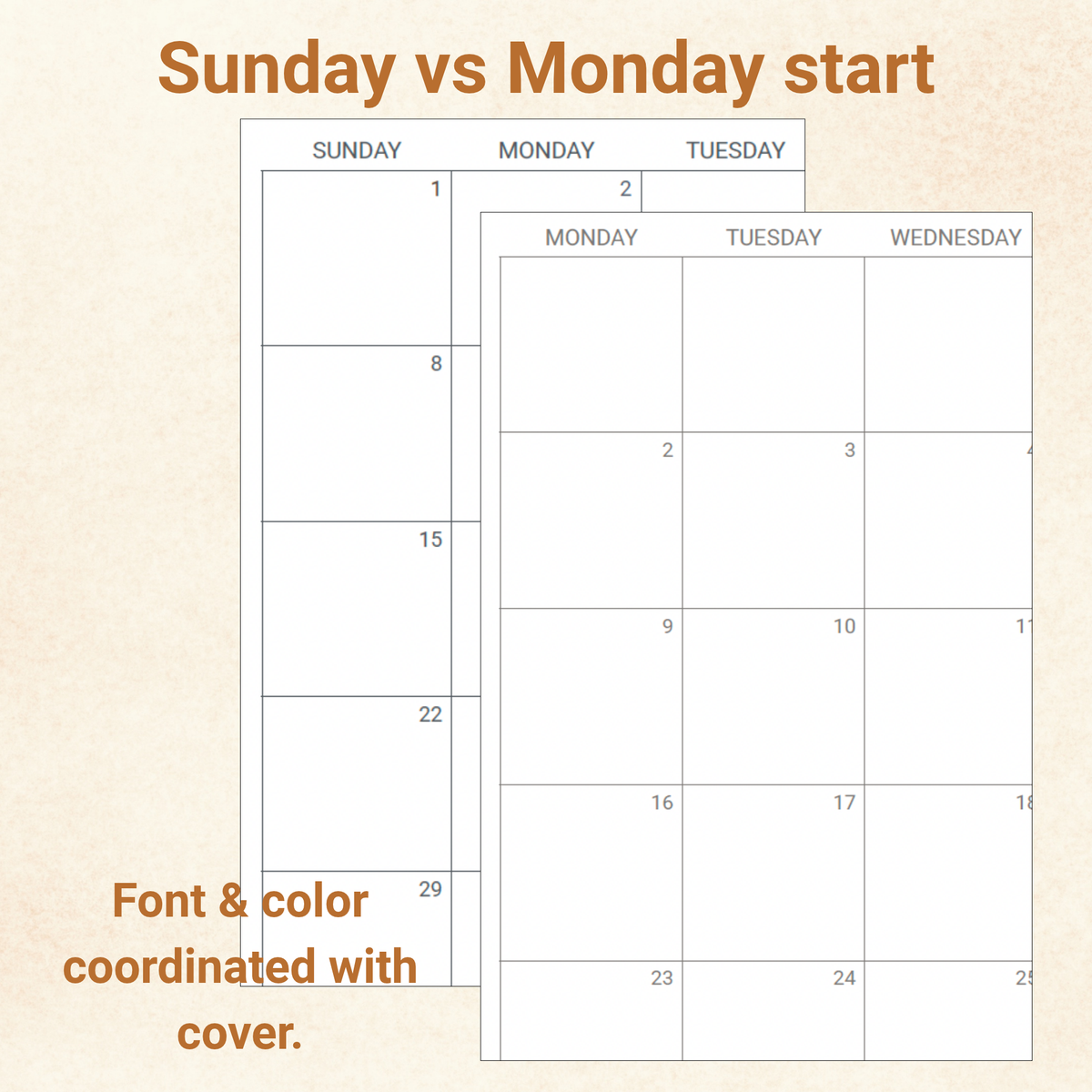 November monthly calendar page shown in Sunday start and Monday start layouts